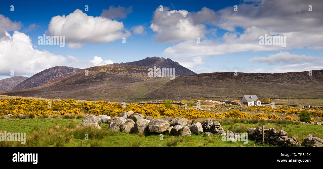 Irlanda del Nord, Co Down, Alta Mournes, cottage isolato nel paesaggio roccioso in acqua gialla Valley, al di sotto del picco di Slieve Binnan, panoramica Foto Stock