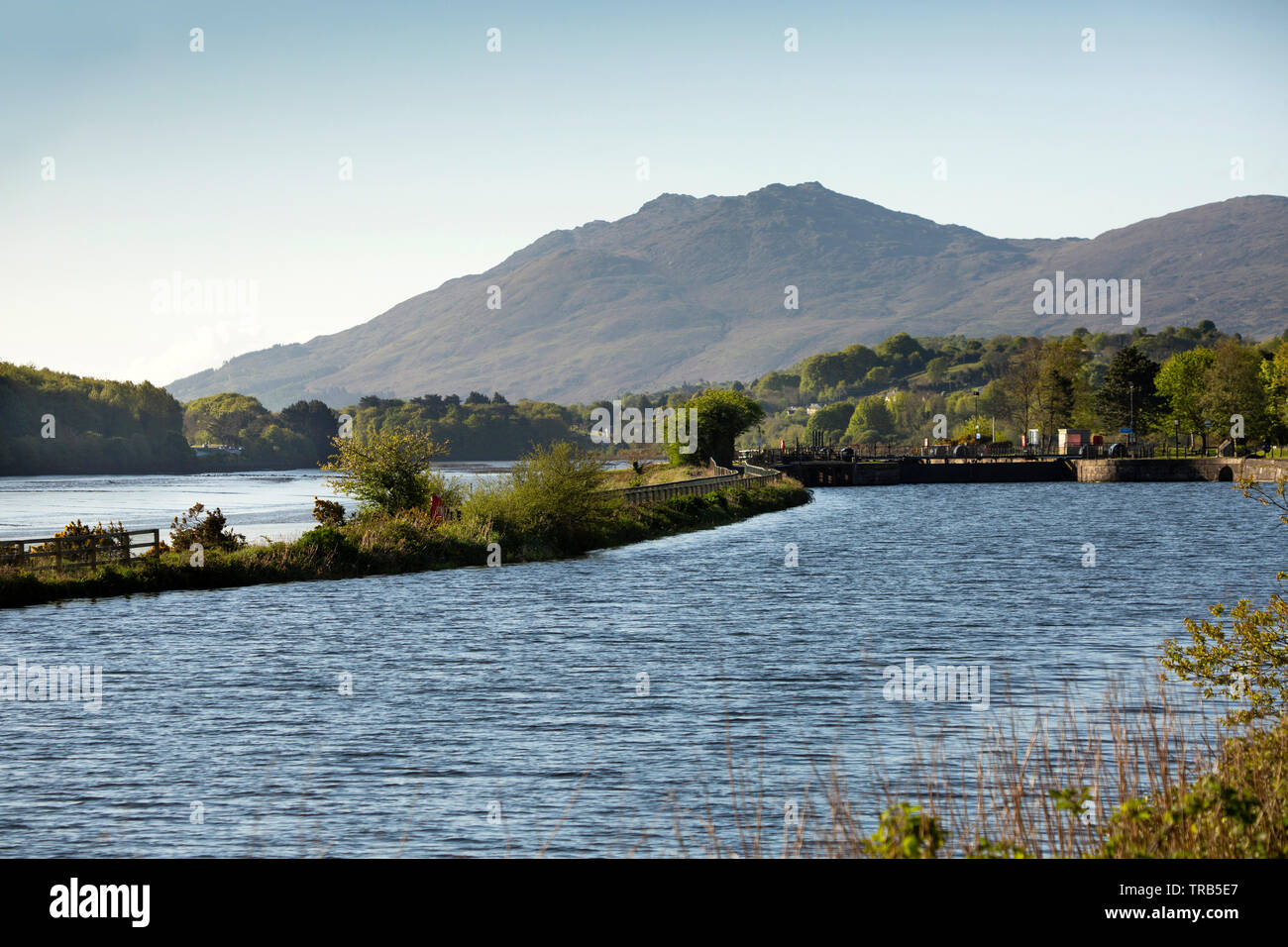 Irlanda del Nord, CO ARMAGH, Newry Canal accanto al fiume Newry, vista verso Great Eastern Greenway e Cooley Montagne Foto Stock