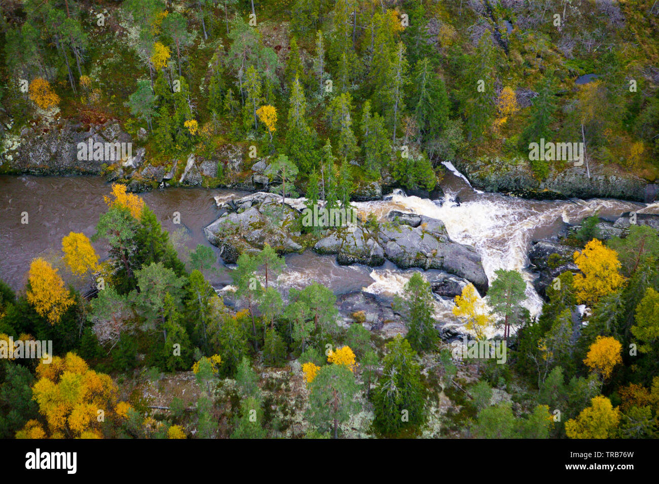 Vista aerea sul fiume Svinna in Våler kommune, Østfold fylke, Norvegia. Il fiume è una parte dell'acqua sistema chiamato Morsavassdraget. Il fiume Svinna corre dal lago Saebyvannet e nel lago Vansjø. Vansjø è il lago più grande in Østfold. Ottobre, 2004. Foto Stock