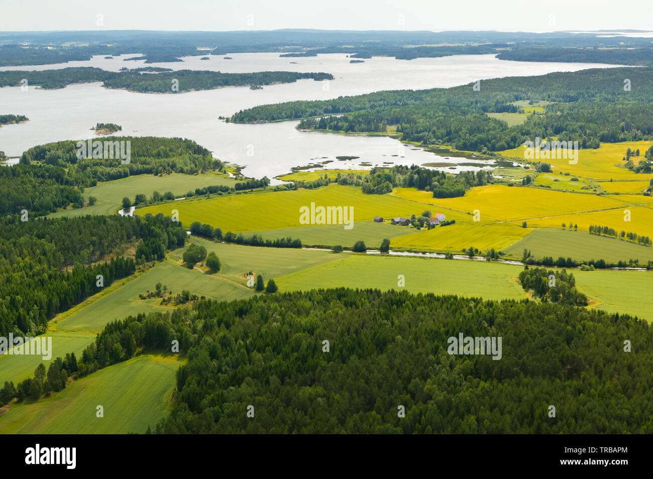 Vista aerea sui campi agricoli e sul fiume Hobølelva e su una parte del lago Vansjø a Østfold, Norvegia. Vansjø è il lago più grande di Østfold, e questa parte è chiamata Mosseros. Il lago Vansjø e i suoi laghi e fiumi circostanti fanno parte del sistema idrico denominato Morsavassdraget. Luglio, 2005. Foto Stock