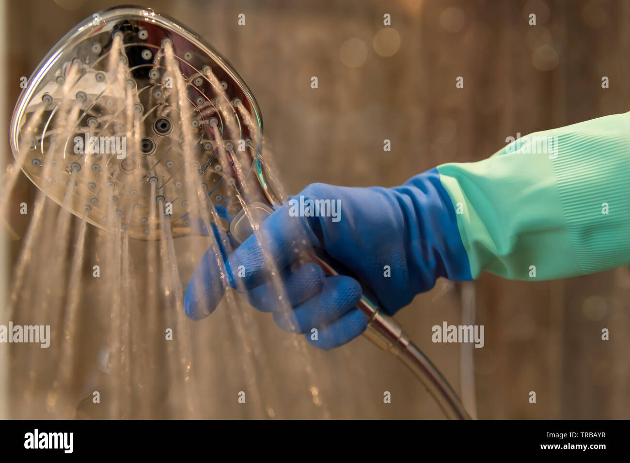 Blu, Verde guanti tenere un tubo doccia. Dalla doccia schizzi d'acqua. Foto Stock