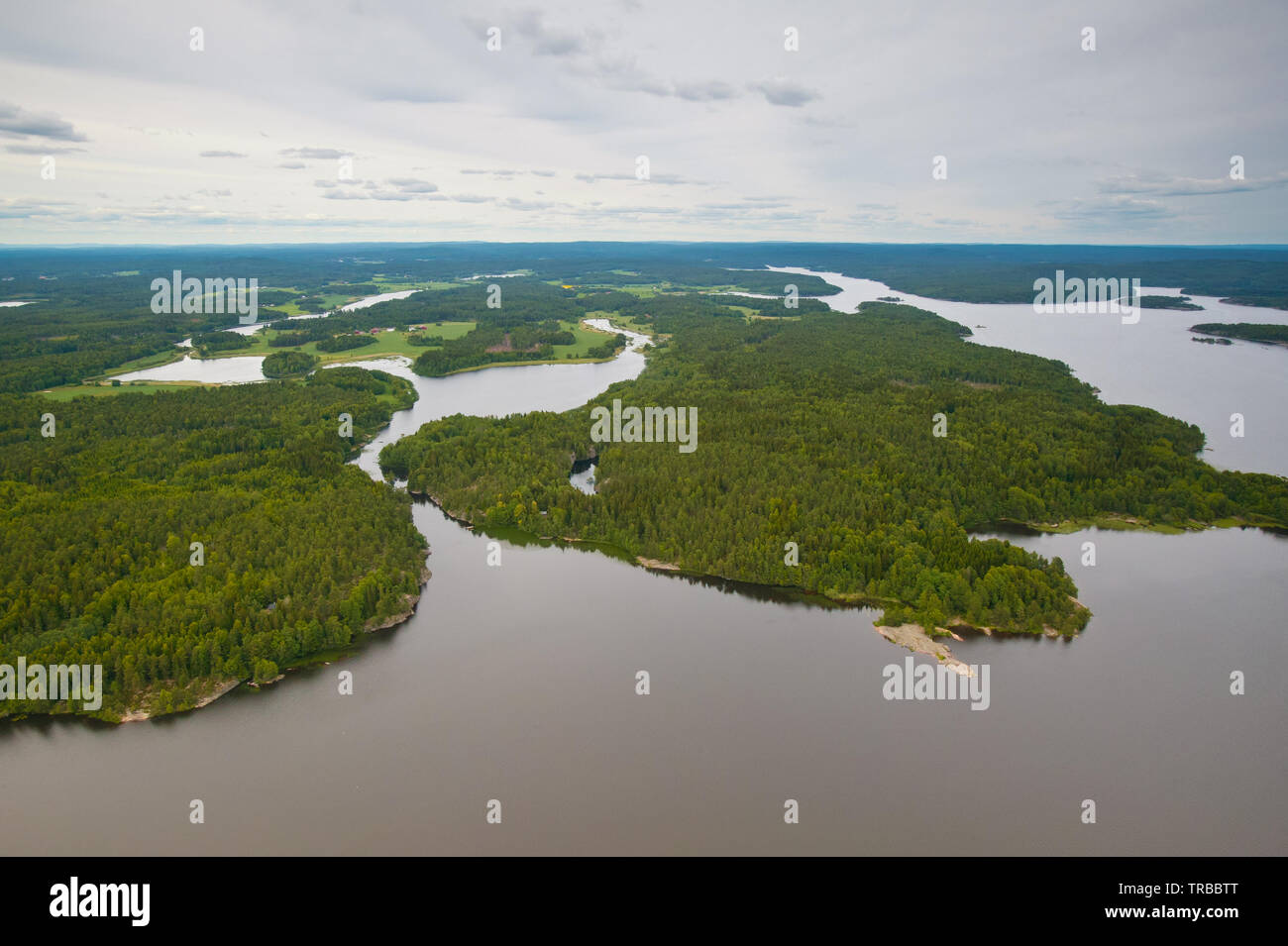 Vista aerea su una parte del lago Vansjø in Østfold, Norvegia. In basso a sinistra è una parte dell'isola Bliksøya e la sottile suono appena a sinistra del centro è chiamato Båtålen. Båtålen è leader nell'acqua aperta area denominata Holmefjorden. In basso a destra è Minatangen (con la freccia sagomata rock). Vansjø è il lago più grande in Østfold. La vista è verso il nord. Il lago Vansjø e i suoi dintorni di laghi e fiumi sono una parte dell'acqua sistema chiamato Morsavassdraget. Giugno, 2006. Foto Stock