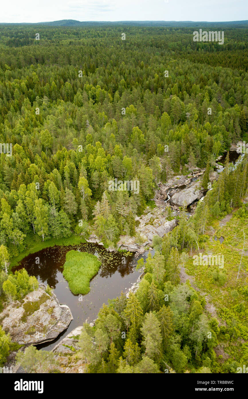 Vista aerea sul fiume Svinna in Våler kommune, Østfold, Norvegia. Svinna corre dal lago Saebyvannet e termina nel Lago Vansjø. Vansjø è il lago più grande in Østfold. Il fiume e i suoi dintorni di laghi e fiumi sono una parte dell'acqua sistema chiamato Morsavassdraget. Giugno, 2006. Foto Stock