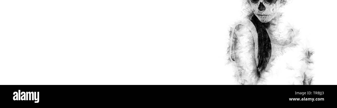 Bianco e nero Silhouette di Giorno dei Morti ragazza con teschio di zucchero make-up sulla copia in bianco sullo sfondo dello spazio. Generati digitalmente immagine. Spazio libero per Foto Stock
