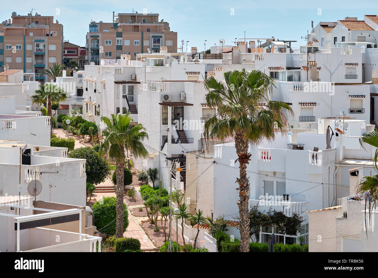 La città di Torrevieja resort, moderno e bianco lavato case di città, skyline scena urbana, Torrevieja è città del Mediterraneo, popolare destinazione di viaggio. Co Foto Stock