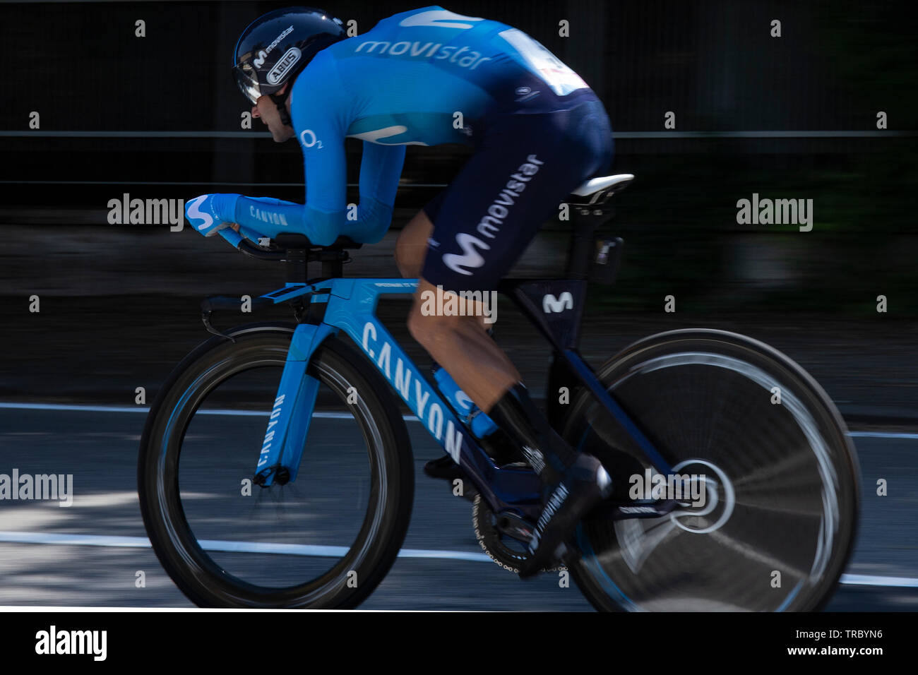 Verona, Italia. 02nd, Giu 2019. Mas Bonet Luis Guillermo dalla Spagna (Team Movistar ) durante l'ultimo stadio 21 del 102º Giro d' Italia, Tour d'Italia 2019 - gara ciclistica, 17km a cronometro individuale da Verona Fiera insieme Torricelle nella città di Verona, per terminare in Arena di Verona in Verona, Italia, 03 giugno 2019. (Foto) Alejandro Sala/Alamy News Foto Stock