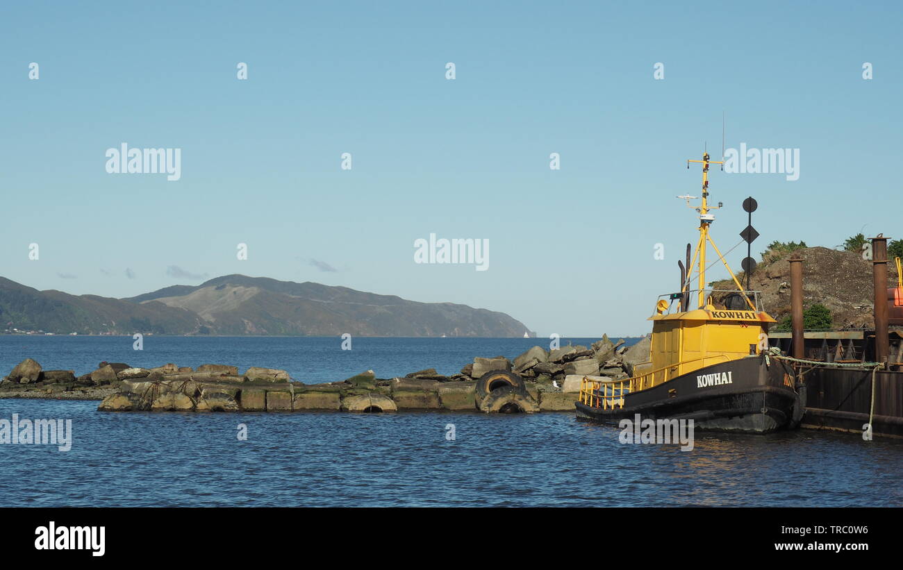 Ex rimorchiatore Kowhai presso il dock a Seaview, la bocca del fiume Hutt, Porto di Wellington. Kowhai è ora utilizzato per spostare le chiatte di rocce dragato dal porto Foto Stock