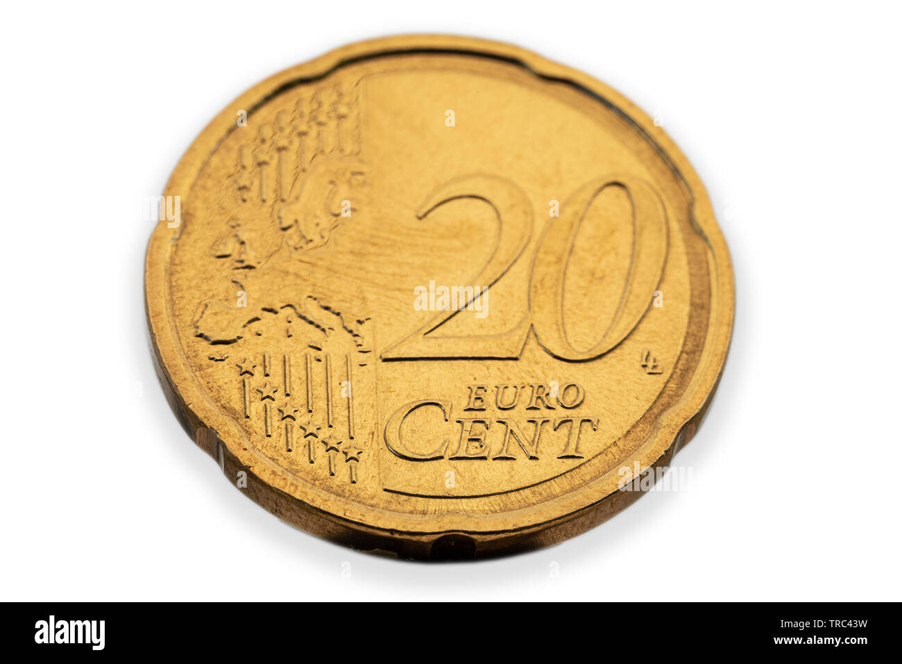 Close up di un usato 20 cent di Euro moneta Foto Stock