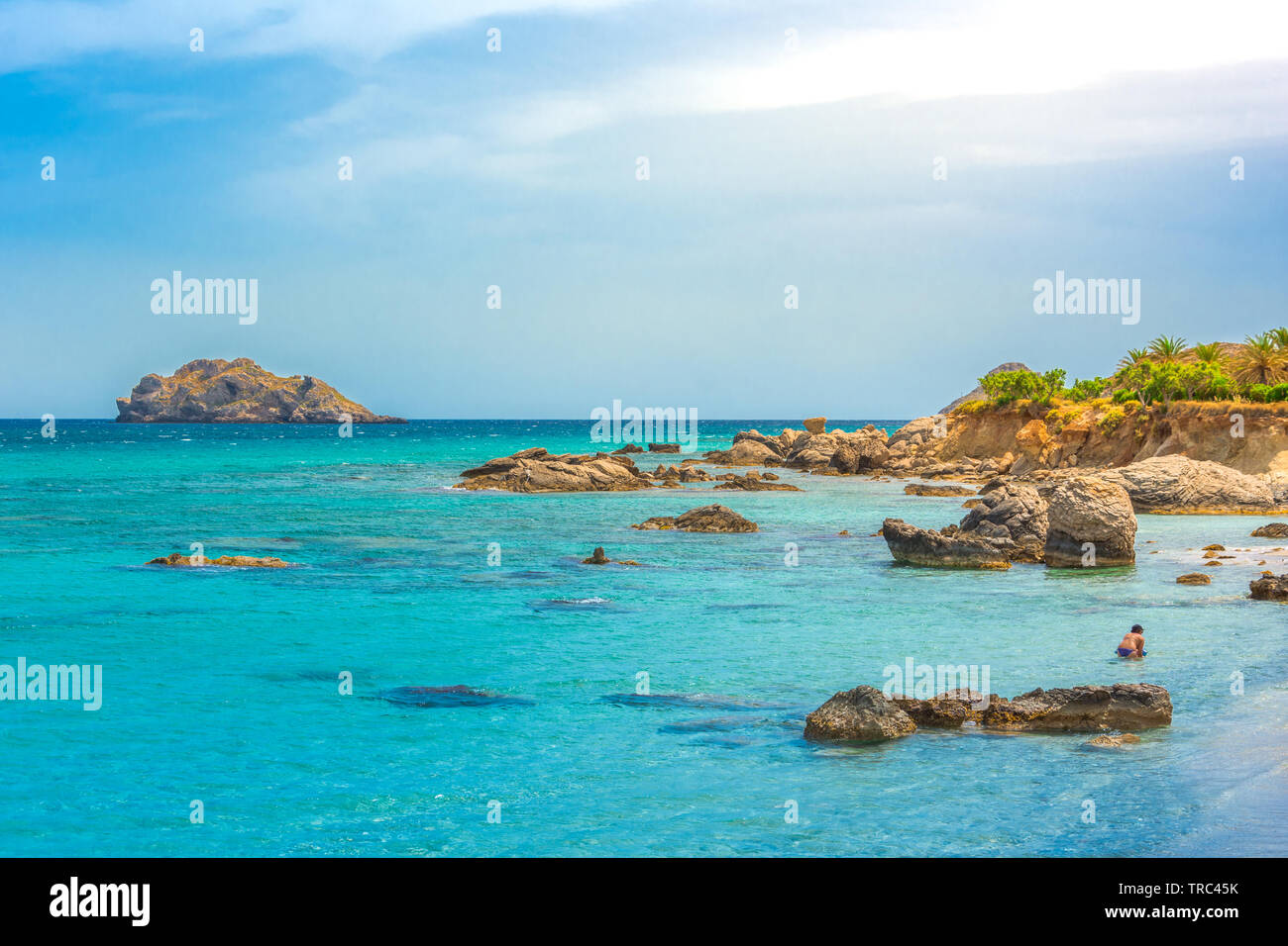 Incredibile spiaggia sabbiosa di Xerokampos, Sitia con acque turchesi in corrispondenza della parte orientale di Creta, Grecia. Foto Stock