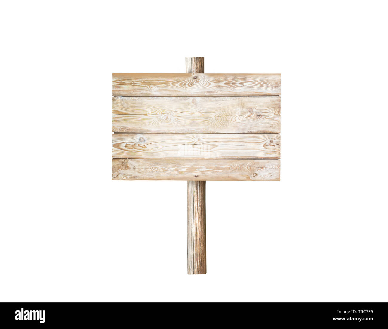 Rettangolare in legno tavole cartello sul polo isolato su bianco Foto Stock