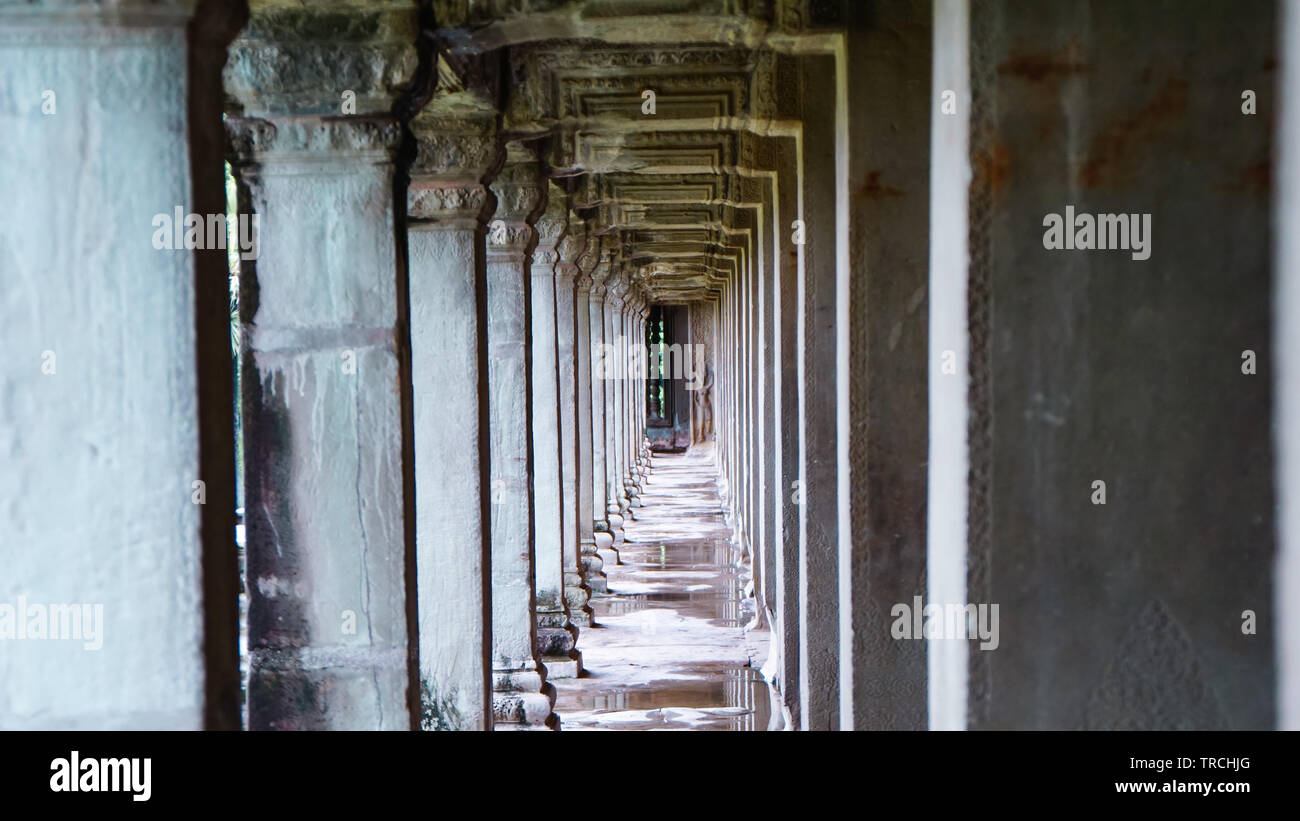 Corridoio di vuoti tra antiche colonne con diminuzione prospettiva, nell'antico tempio di Angkor Wat, Siem Reap, Cambogia. Foto Stock