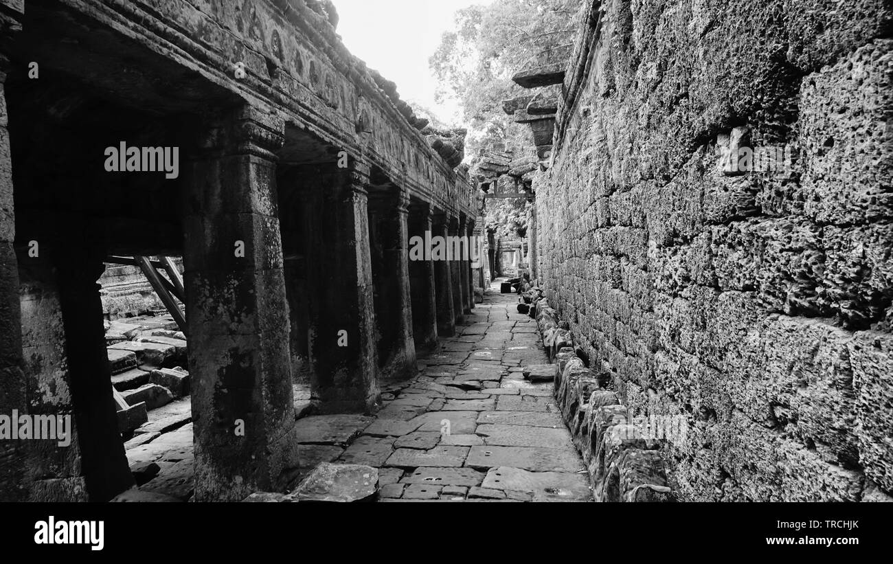 Corridoio di vuoti tra antiche colonne con diminuzione prospettiva, nell'antico tempio di Angkor Wat, Siem Reap, Cambogia. Foto Stock