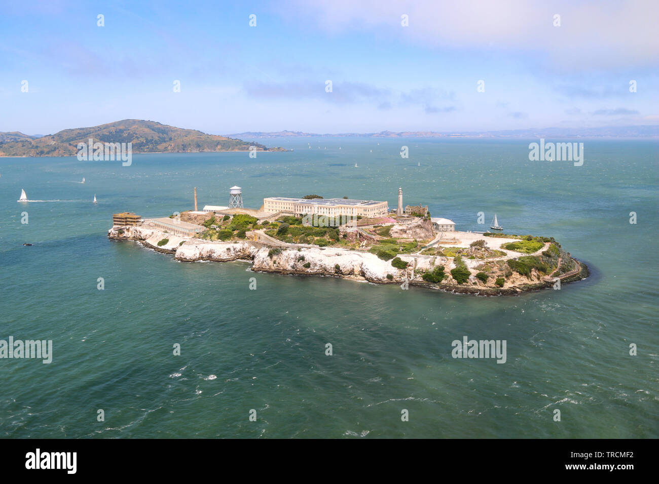 Vista aerea di Alcatraz, la baia di San Francisco, California Foto Stock