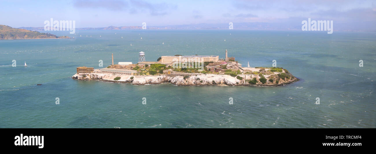 Vista aerea di Alcatraz, la baia di San Francisco, California Foto Stock