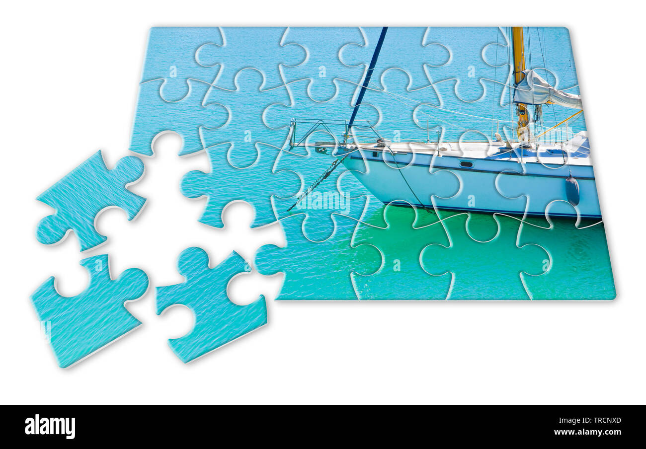 Imparare a guidare su una barca a vela passo dopo passo - Concetto di immagine nella forma di puzzle Foto Stock