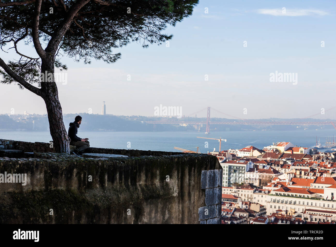 Vista dal Miradouro do Castelo de São Jorge su Baixa e il fiume Tago a Lisbona, Portogallo Foto Stock