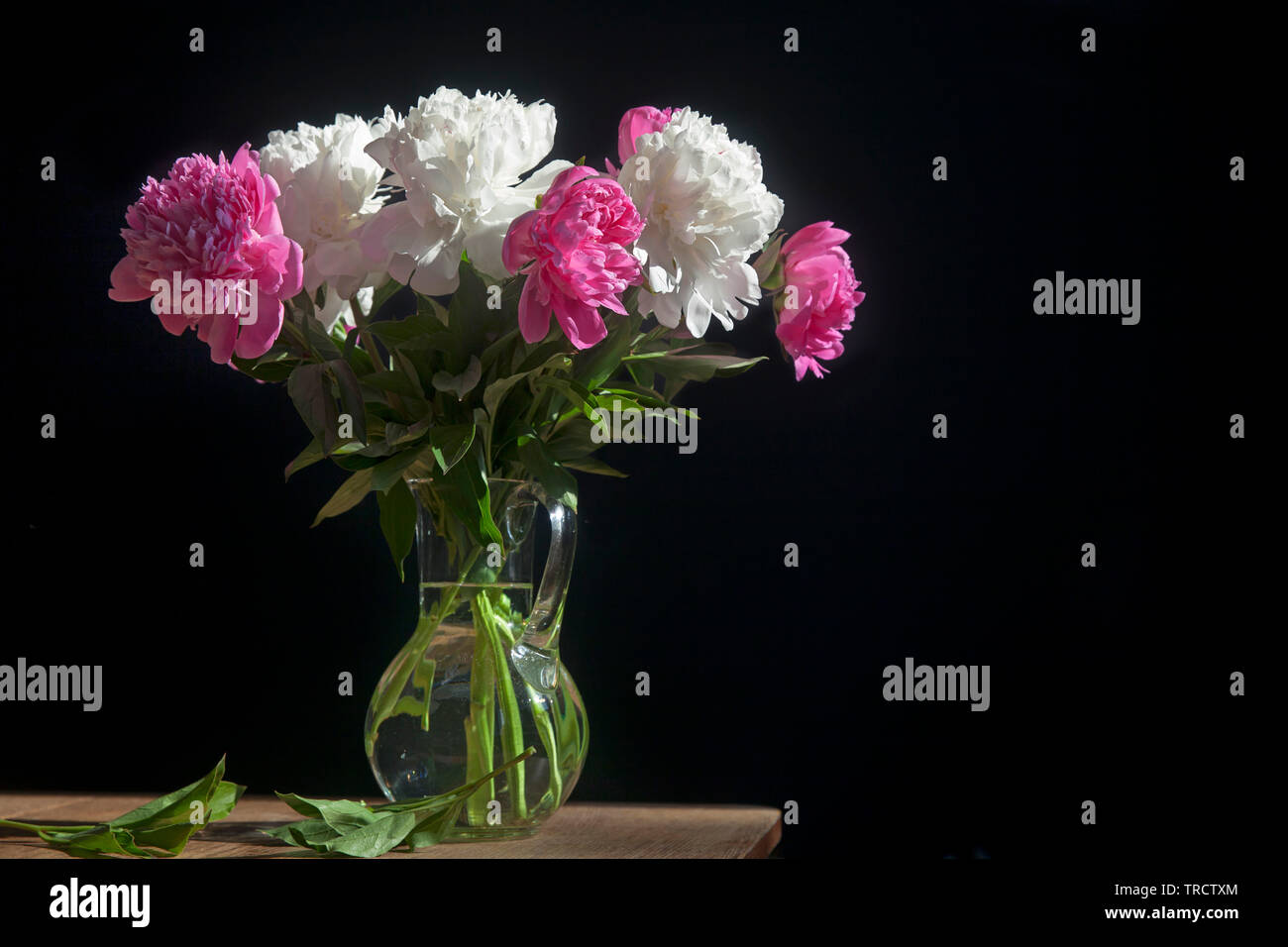 Un bouquet di bianco e di rosso le peonie in un vaso trasparente su sfondo scuro Foto Stock