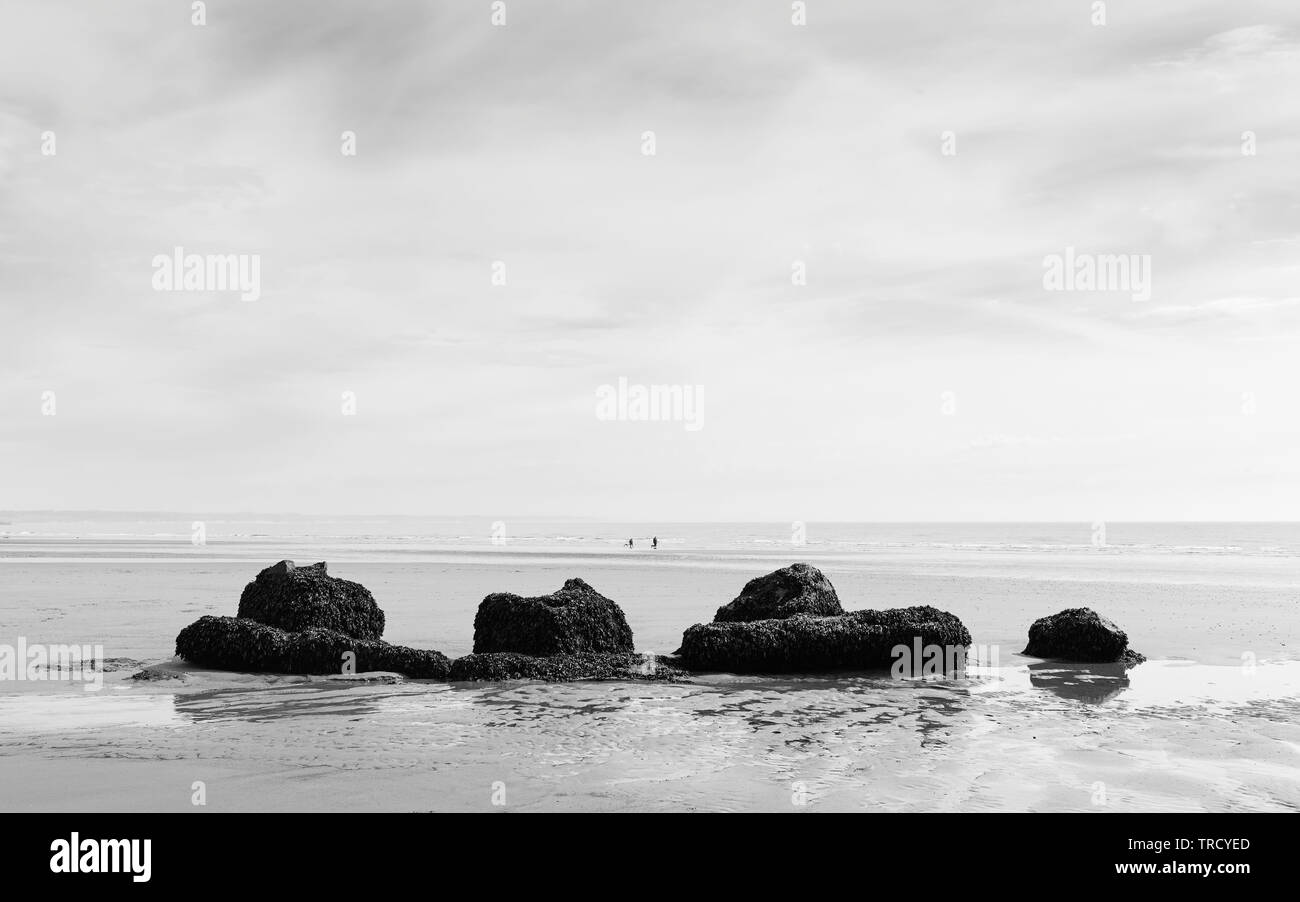 Vista panoramica su una spiaggia di sabbia con alghe coperto WW2 mare difese e due persone non identificabili passeggiate in estate, Fraisthorpe, nello Yorkshire, Regno Unito. Foto Stock
