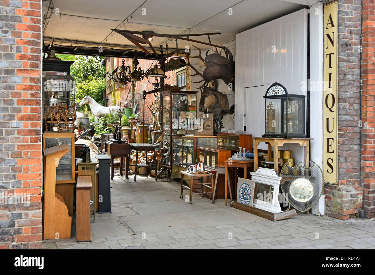 Segno di antiquariato per la visualizzazione all'aperto di collezionismo & bric a brac in ingresso al cortile del concessionario & showroom shop a Hungerford Berkshire England Regno Unito Foto Stock