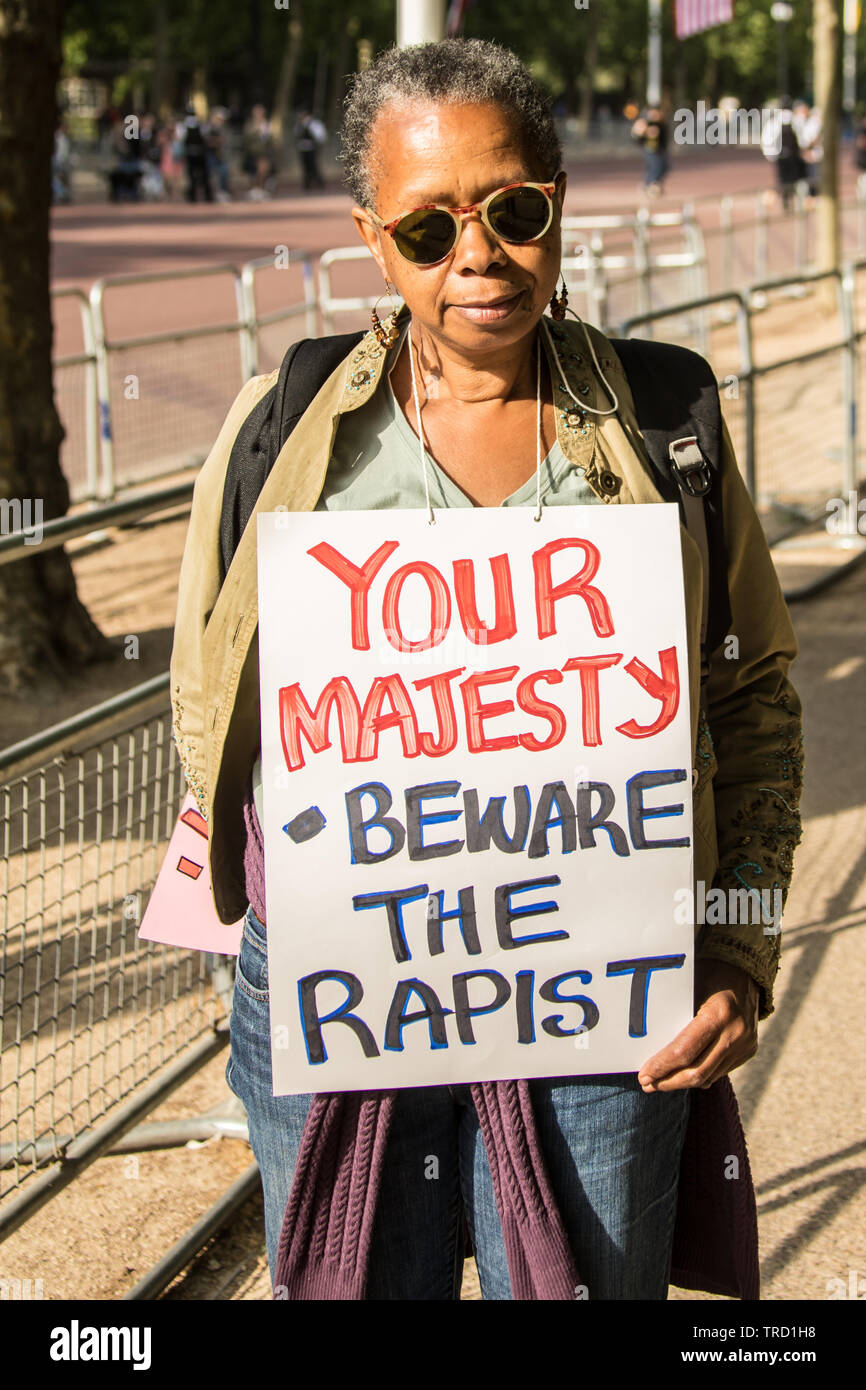 Londra, Regno Unito. Il 3 giugno, 2019. Proteste fuori Buckingham Palace come il presidente statunitense Donald Trump si unisce la regina per un banchetto di stato di kick-off la sua controversa visita di Stato nel Regno Unito. David Rowe/Alamy Live News. Foto Stock