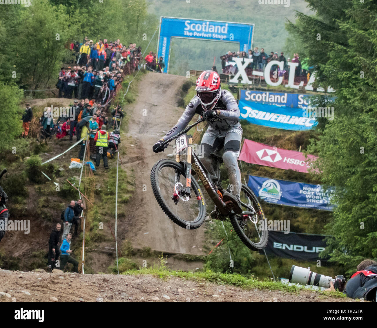 Greg Minnaar racing in UCI Mountain Bike World Cup 2019 Stadio 2 elite uomo finale, Fort William, Scotland, Regno Unito Foto Stock
