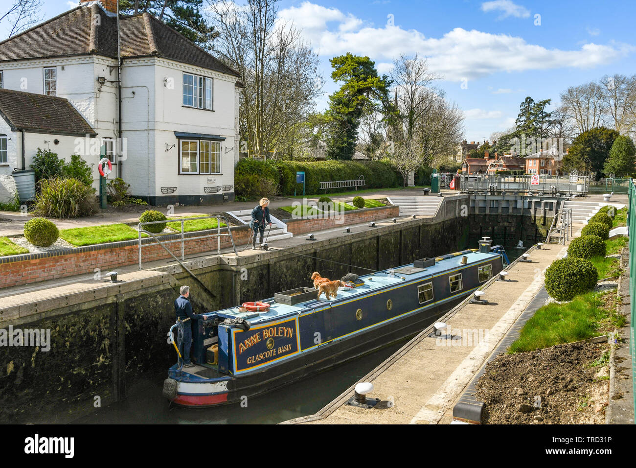 MARLOW, Inghilterra - Marzo 2019: Stretta barca in blocco sul Fiume Tamigi in Marlow Foto Stock