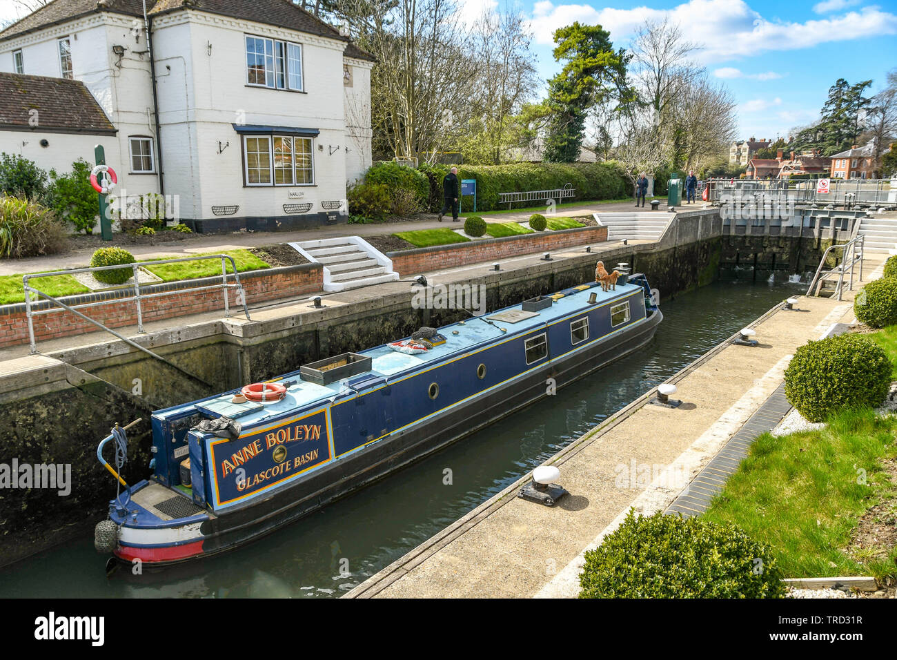 MARLOW, Inghilterra - Marzo 2019: Stretta barca in blocco sul Fiume Tamigi in Marlow Foto Stock