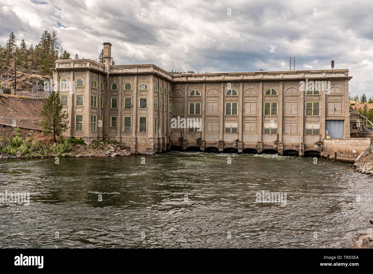 Little Falls Dam e potente sul Fiume Spokane Foto Stock