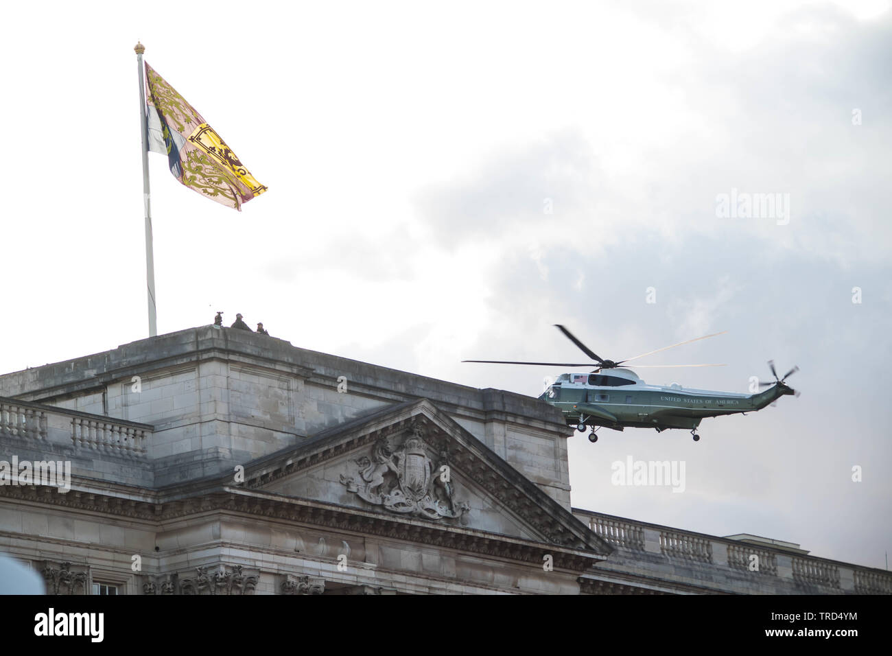 Londra, Regno Unito. Il 3 giugno, 2019. Persone tengono cartelloni in segno di protesta come quella del presidente di elicotteri Marino arriva per un banchetto di Stato a Buckingham Palace Michael Tubi / Alamy Live News Foto Stock