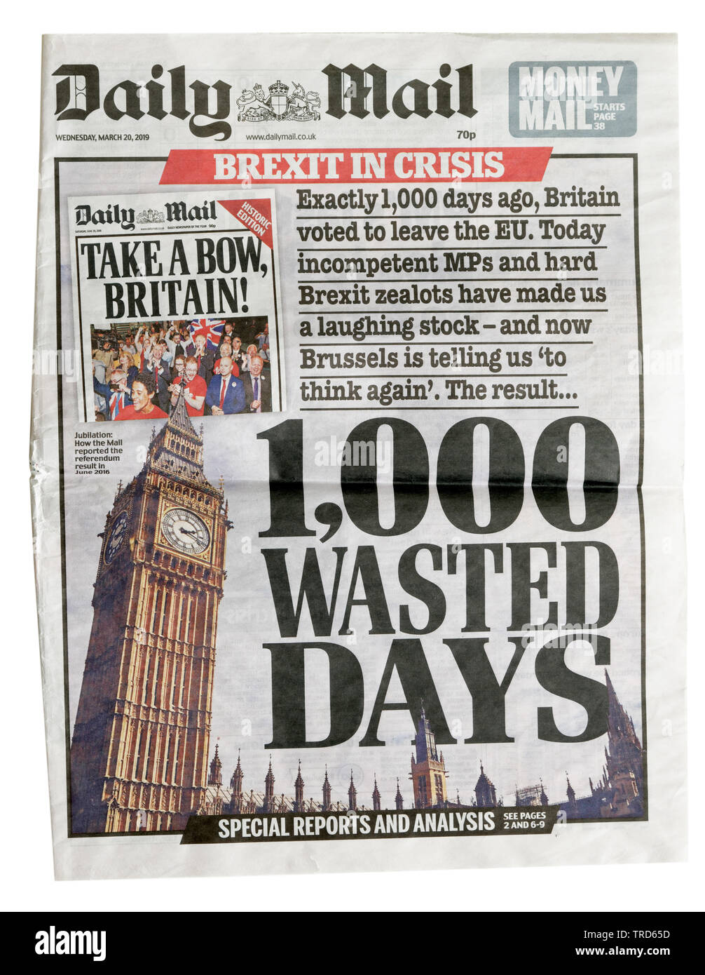 Pagina anteriore del Daily Mail dal 20 marzo 2019 con il titolo 1000 sprecato giorni Foto Stock