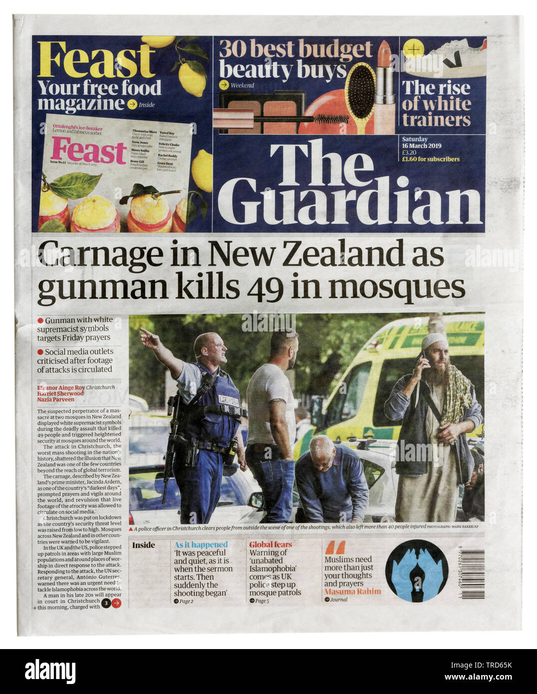 Pagina anteriore del guardiano dal 16 marzo 2019 con il titolo Carnage in Nuova Zelanda come pistolero uccide 49 in moschea Foto Stock