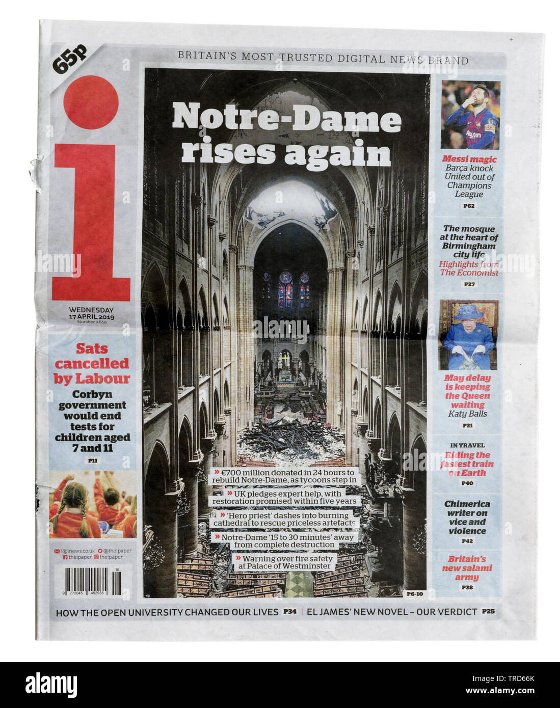 Pagina anteriore del mio giornale dal 16 aprile 2019 con il titolo Notre Dame aumenta nuovamente Foto Stock