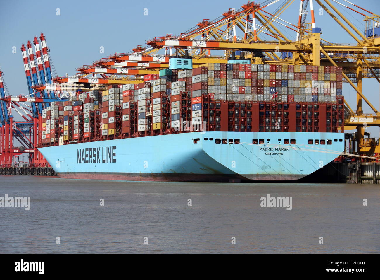 Il contenitore di Madrid nave Maersk sarà caricato e scaricato il 16 aprile 2019 a Bremerhaven. Foto Stock