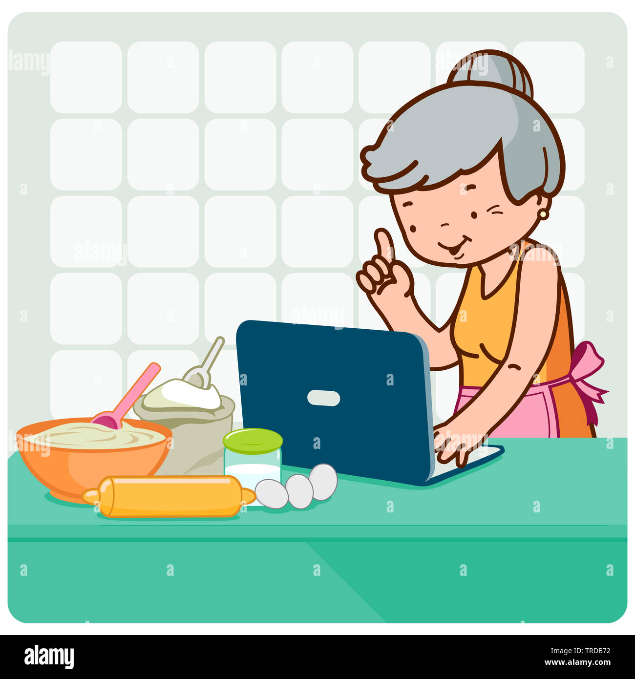 Illustrazione di una vecchia donna nella sua cucina davanti al suo computer per la cottura e guardando le ricette su internet. Foto Stock
