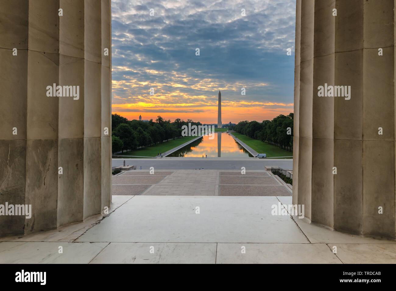 Sunrise al National Mall, il Lincoln Memorial a Washington DC, Stati Uniti d'America Foto Stock