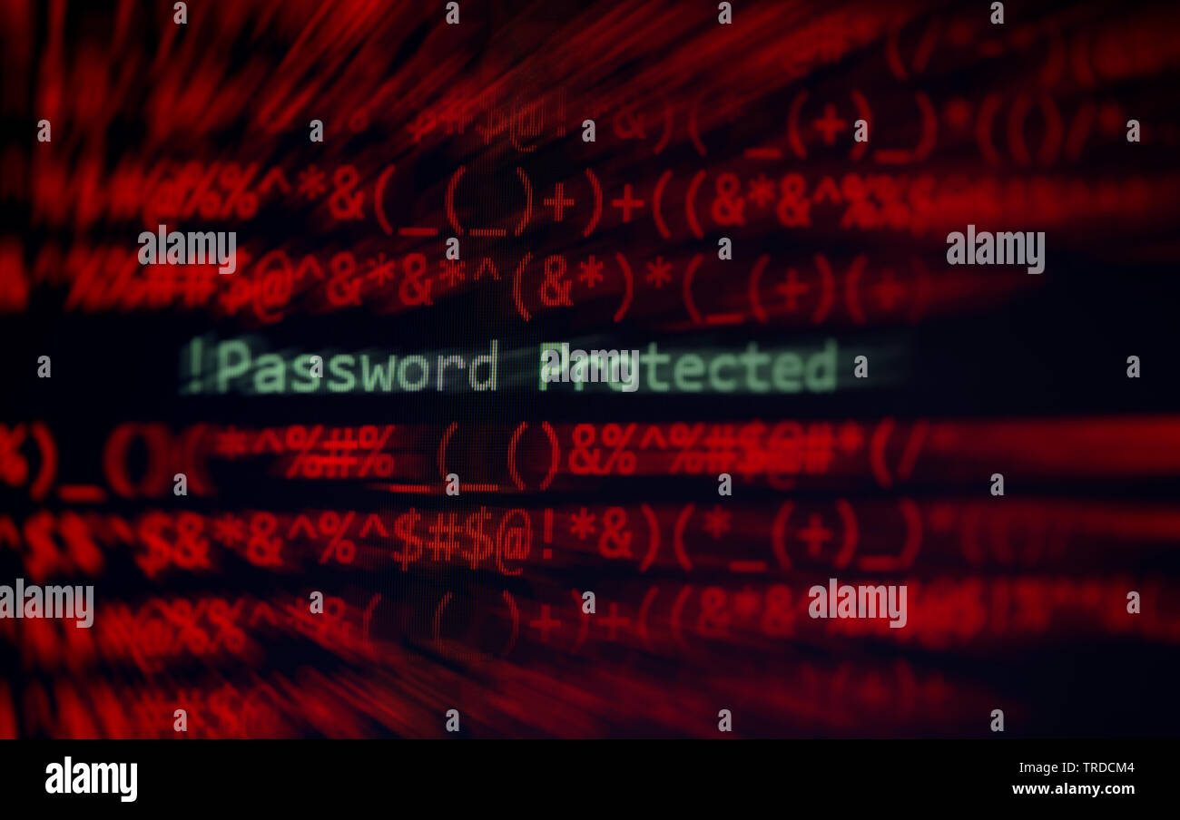 Password di sicurezza cyber ladro di protezione dati di verifica di allarme di sistema ! Protetto da password nella schermata di visualizzazione hacking sul computer Foto Stock
