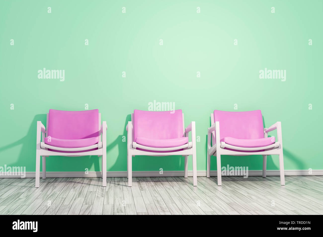La computer grafica 3D, design di interni con tre sedie in colore bianco con cuscino rosa contro un verde parete colorata Foto Stock