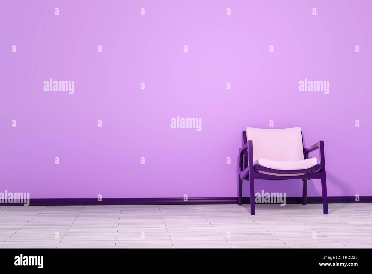La computer grafica 3D, design di interni con sedia singola in colore nero con cuscino rosa contro una rosa parete colorata Foto Stock