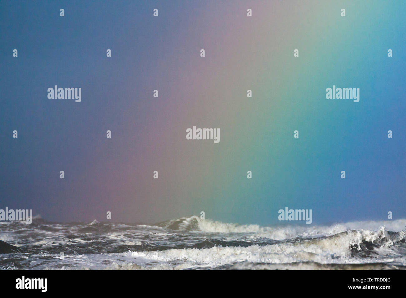 Rainbow sopra le onde del mare del Nord in estate, Paesi Bassi, South Holland, Katwijk aan Zee Foto Stock
