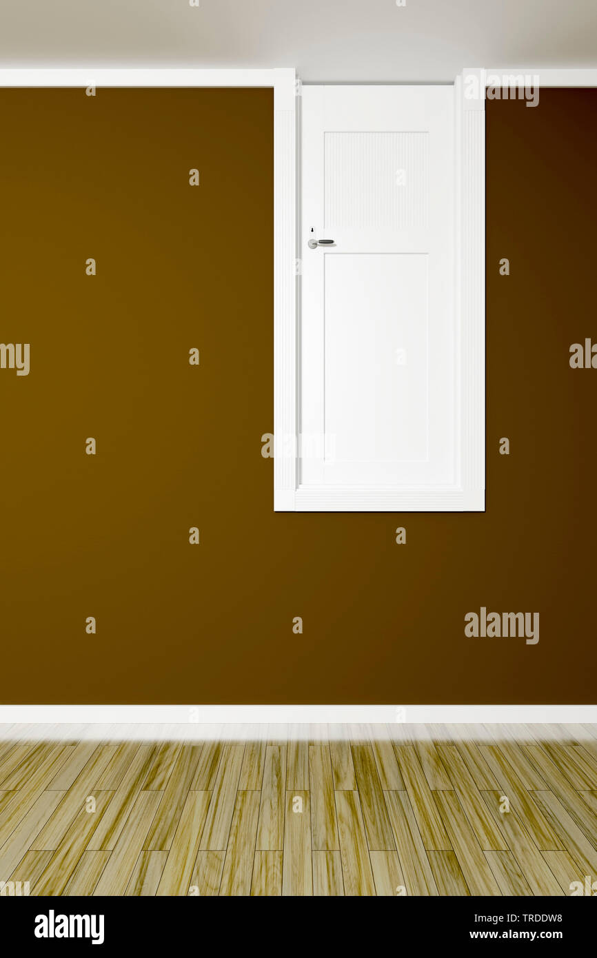 La computer grafica 3D, sala con pavimento in legno e la parete di colore marrone che mostra una porta situata in corrispondenza del soffitto Foto Stock