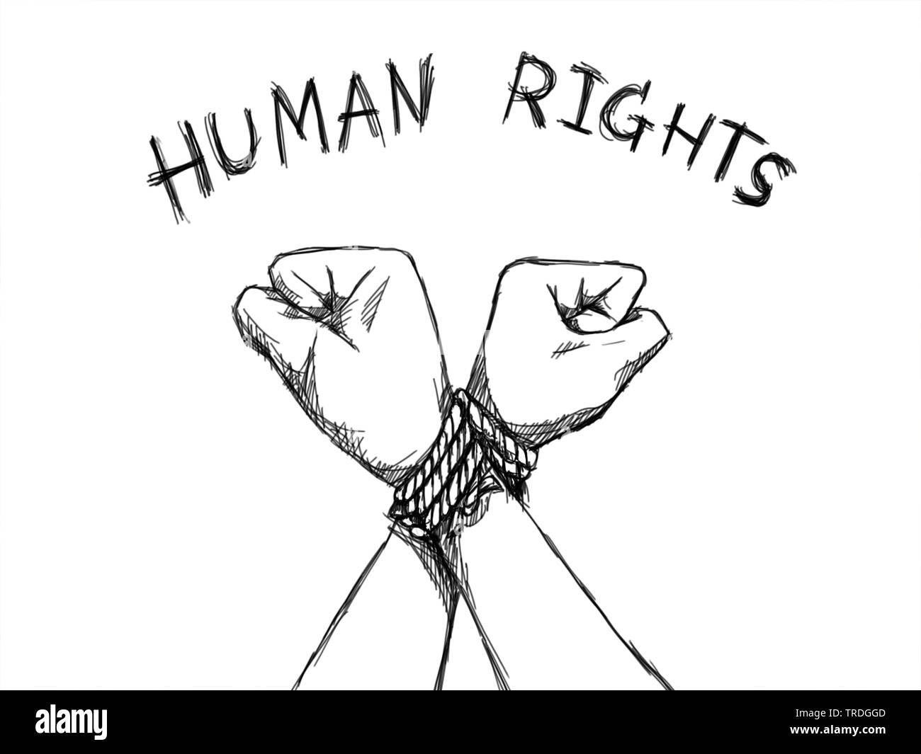 La Giornata dei Diritti Umani concetto. illustrator schizzi di mani umane sono stati legati con una corda con il testo dei diritti umani Foto Stock