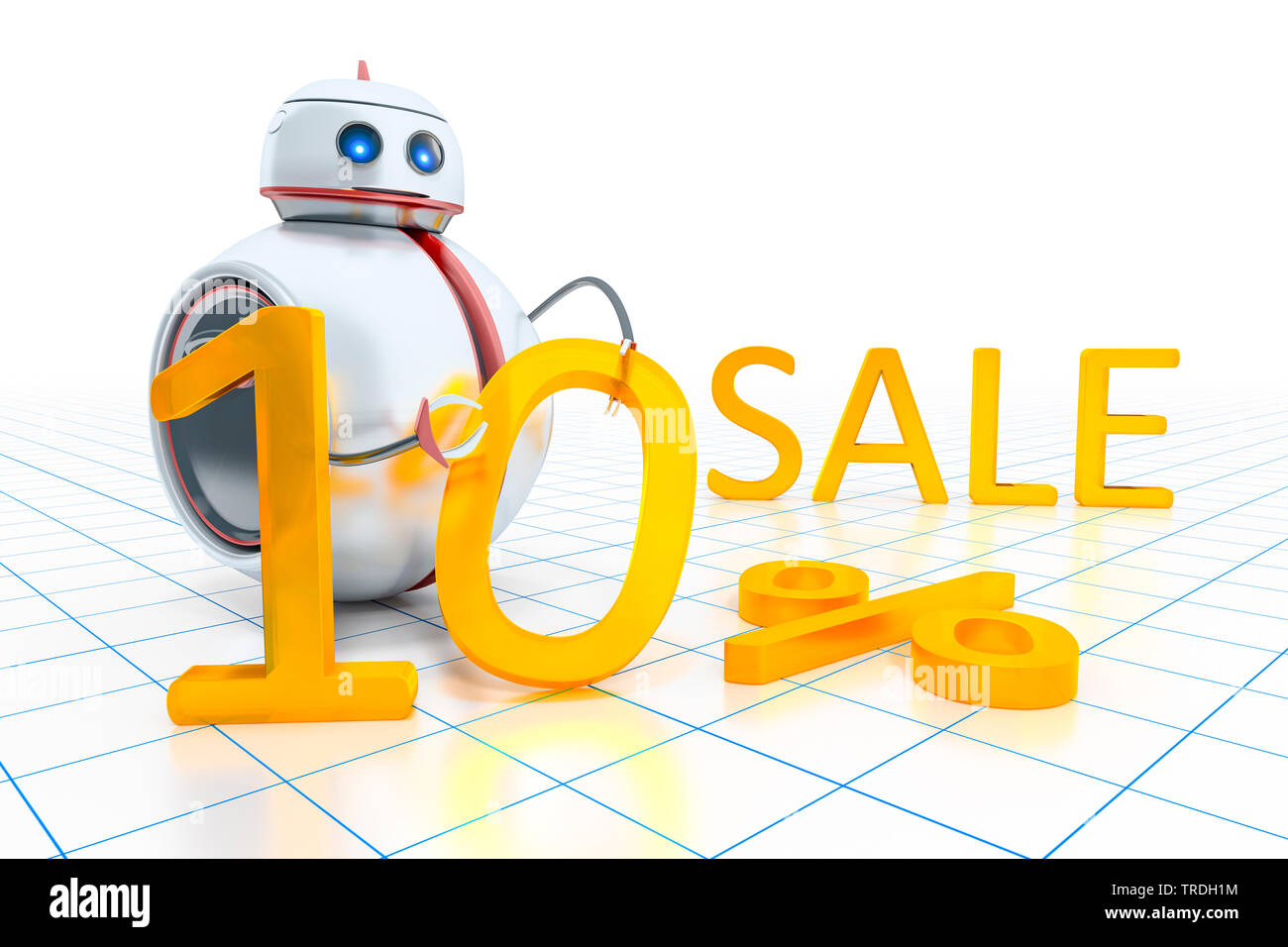 La computer grafica 3D, round simpatico robot in colore bianco in piedi dietro scritte 10% di vendita Foto Stock