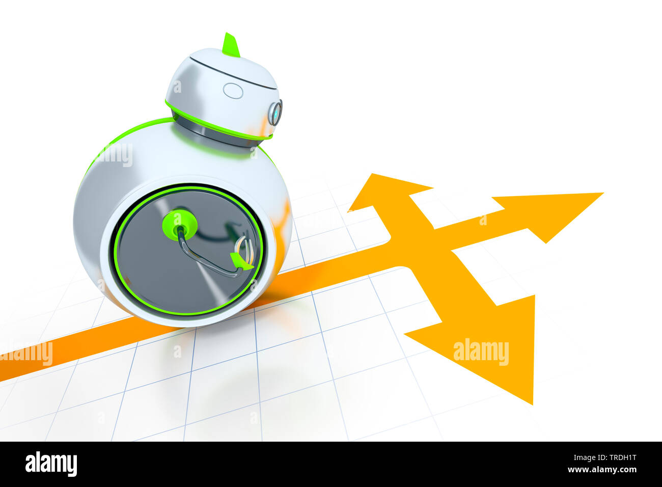 La computer grafica 3D, round simpatico robot guardando un illustrato separazione delle vie sul pavimento Foto Stock