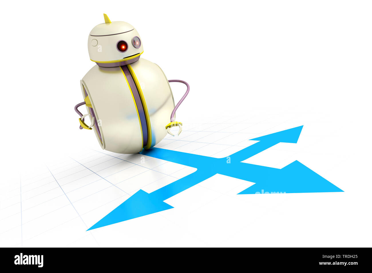 La computer grafica 3D, round simpatico robot guardando un illustrato separazione delle vie sul pavimento Foto Stock