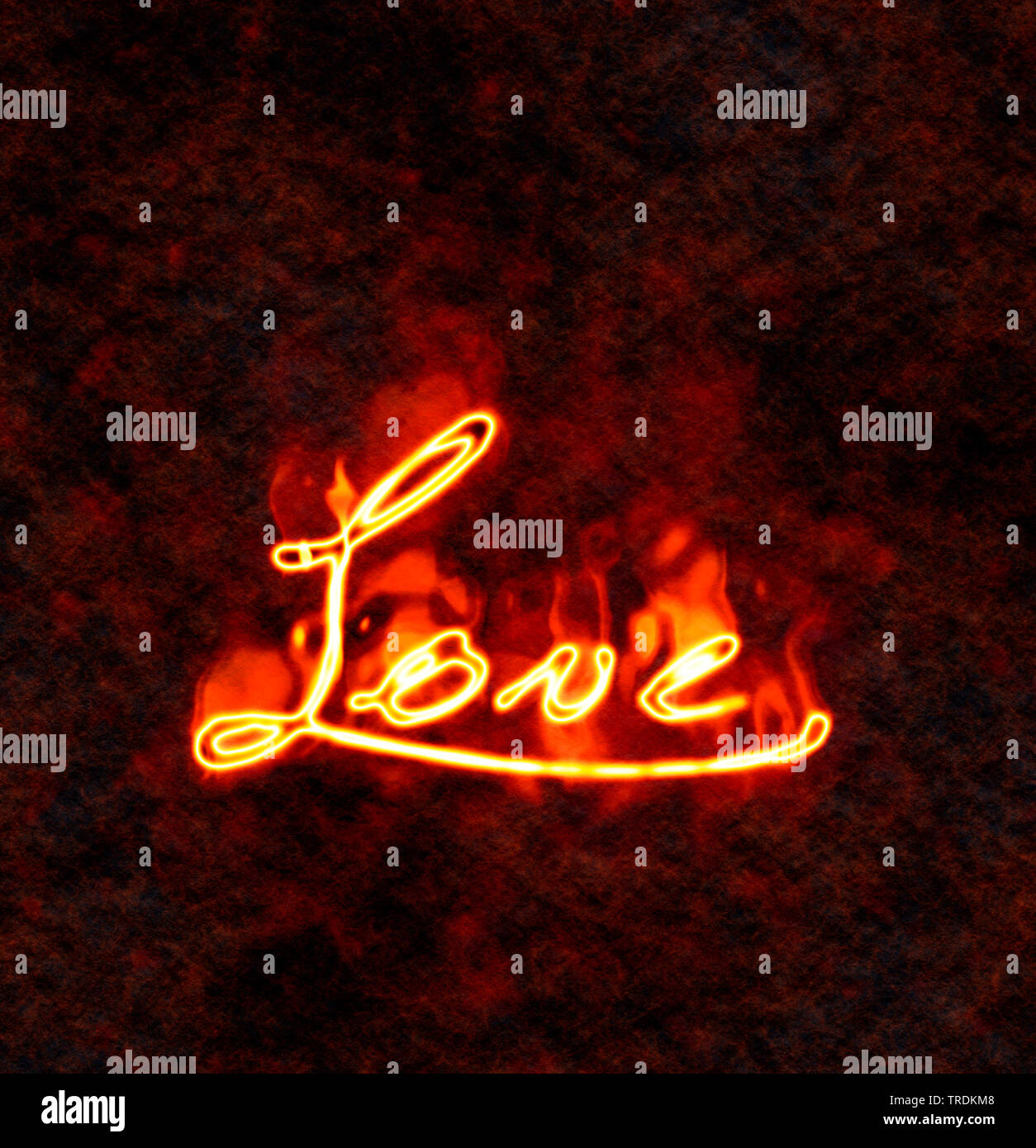 La computer grafica 3D, l'illustrazione della parola amore fuori di bruciare le lettere su sfondo nero Foto Stock