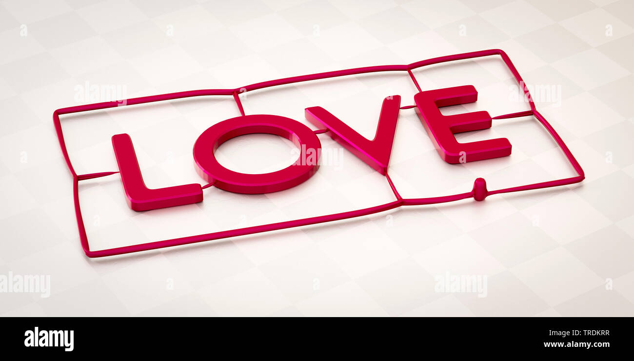 La computer grafica 3D, la parola amore fuori di lettere rosse in uno stampaggio ad iniezione runner Foto Stock