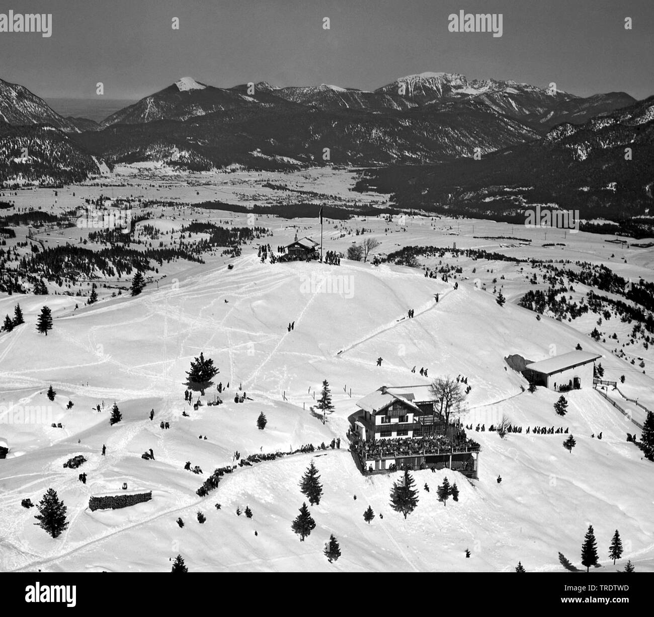 Montagna Hoher Kranzberg, la catena montuosa del Wetterstein, foto aerea, adottate tra il 1958 e il 1963, in Germania, in Baviera Foto Stock