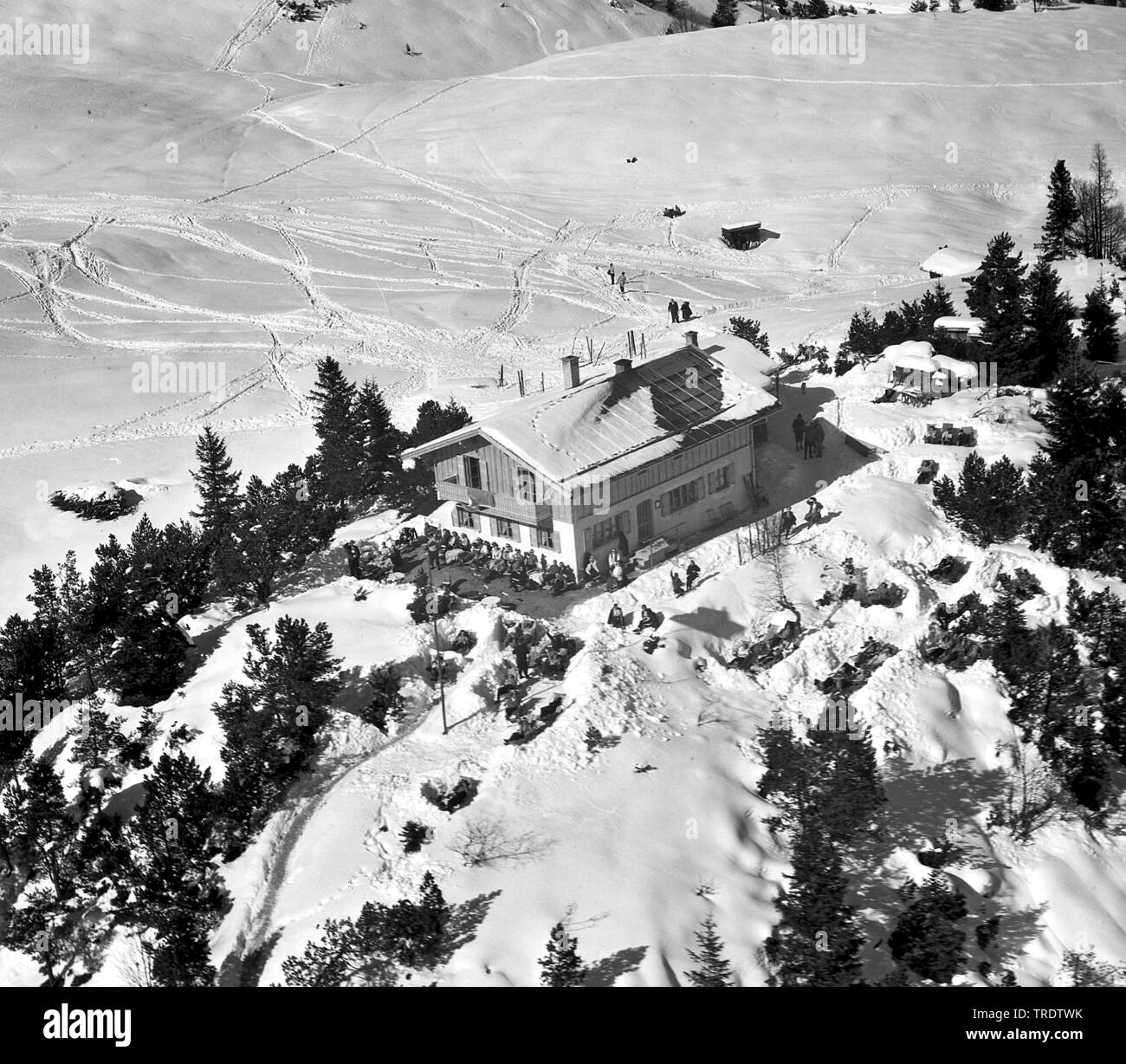 Montagna Hoher Kranzberg, la catena montuosa del Wetterstein, foto aerea, adottate tra il 1958 e il 1963, in Germania, in Baviera Foto Stock