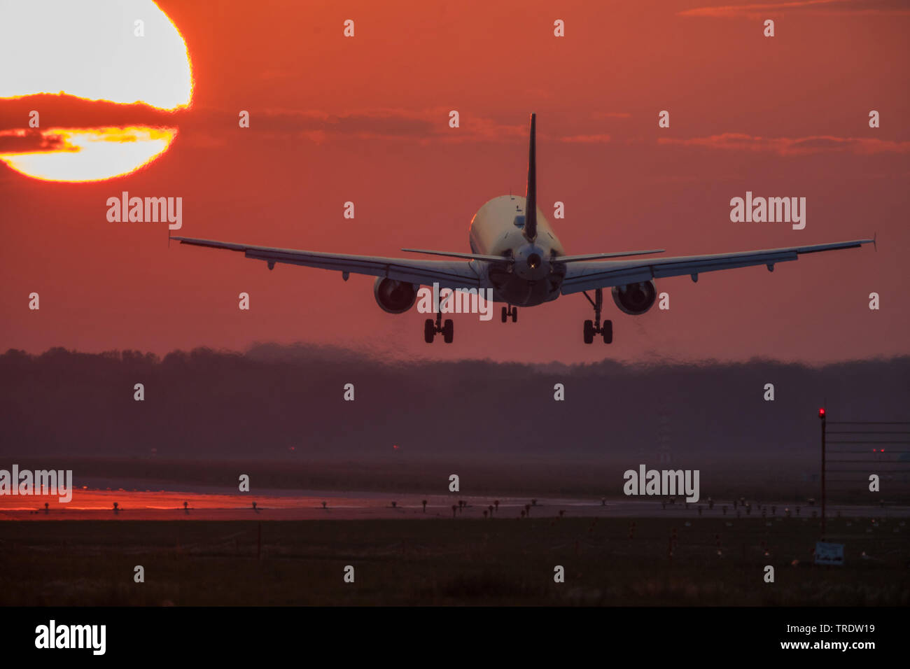 Atterraggio Airbus 320 al tramonto, in Germania, in Baviera, Muenchen Foto Stock