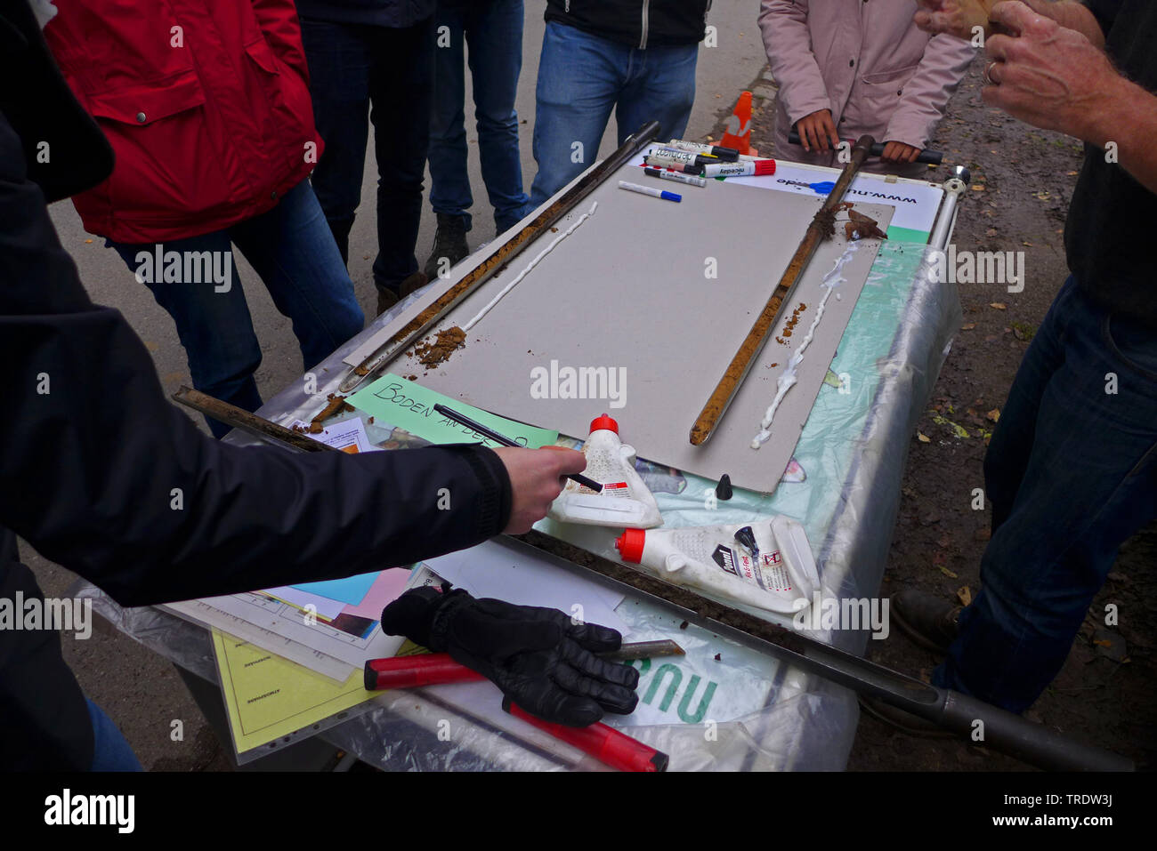 Analisi del suolo layey campione e visualizzazione di orizzonti del suolo, Germania Foto Stock